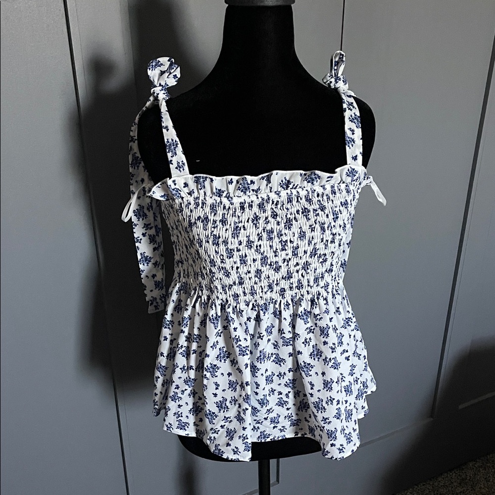 Floral Smocked Blue and White Women's Top